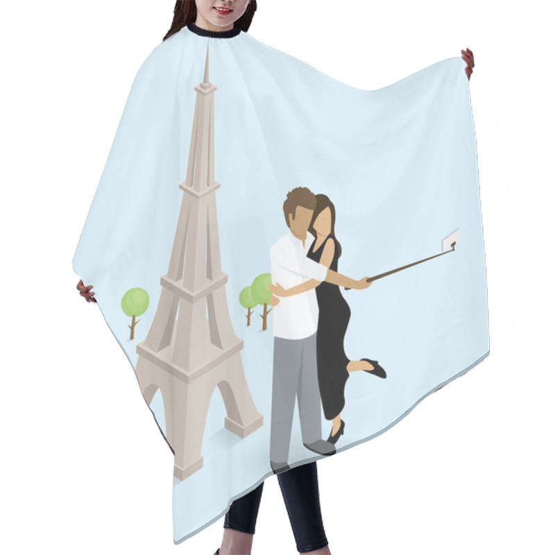 Personality  Couple Making Selfie Near  Eiffel Tower Hair Cutting Cape