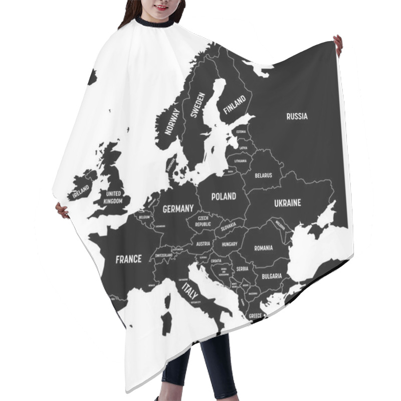 Personality  Map Of Europe With Names Of Sovereign Countries, Ministates Included. Simplified Black Vector Map On White Background Hair Cutting Cape