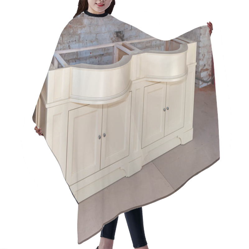 Personality  Bathroom Vanity Cabinet For Two Washbasins Against The Old Brick Wall Background Hair Cutting Cape