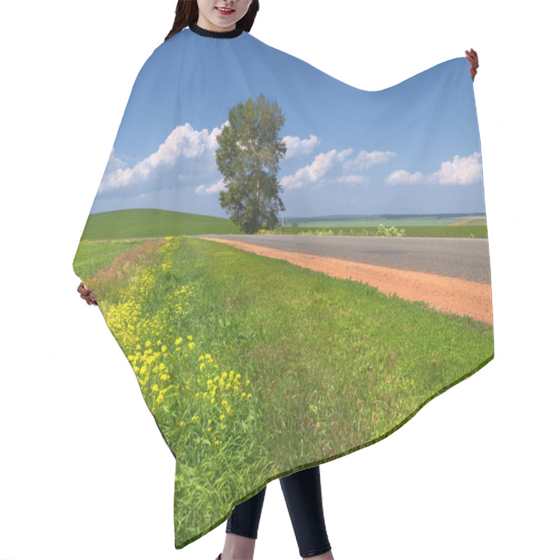 Personality  Lonely Tree Beside The Road On The Background Of The Summer Sky And Green Meadows Hair Cutting Cape