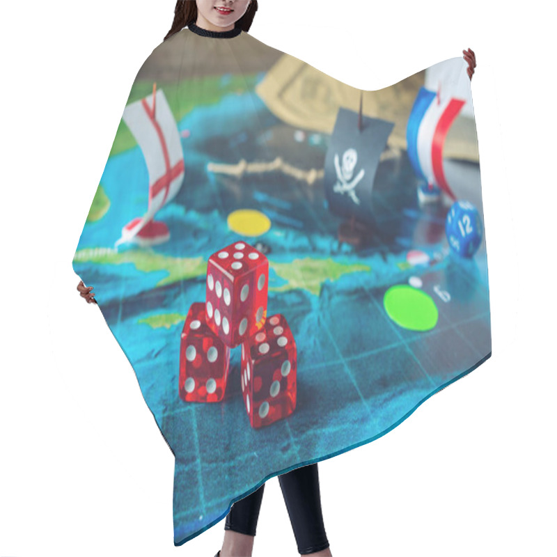 Personality  Red Playing Bones On The World Map Of The Field Handmade Board Games With A Pirate Ship Hair Cutting Cape