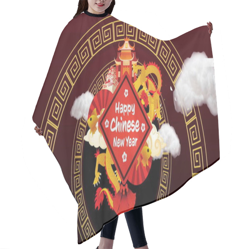 Personality  Image Of New Year Greetings Text And Chinese Traditional Decorations On Red Background. Chinese New Year, Festivity, Celebration And Tradition Concept Digitally Generated Image. Hair Cutting Cape