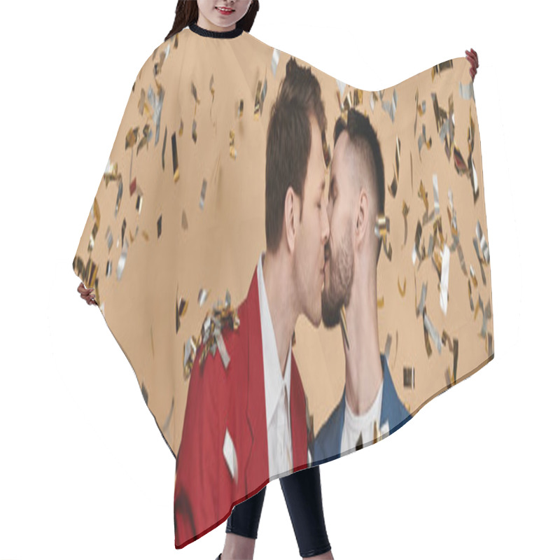 Personality  Two Men In Elegant Suits Embrace And Kiss Under A Shower Of Confetti. Hair Cutting Cape