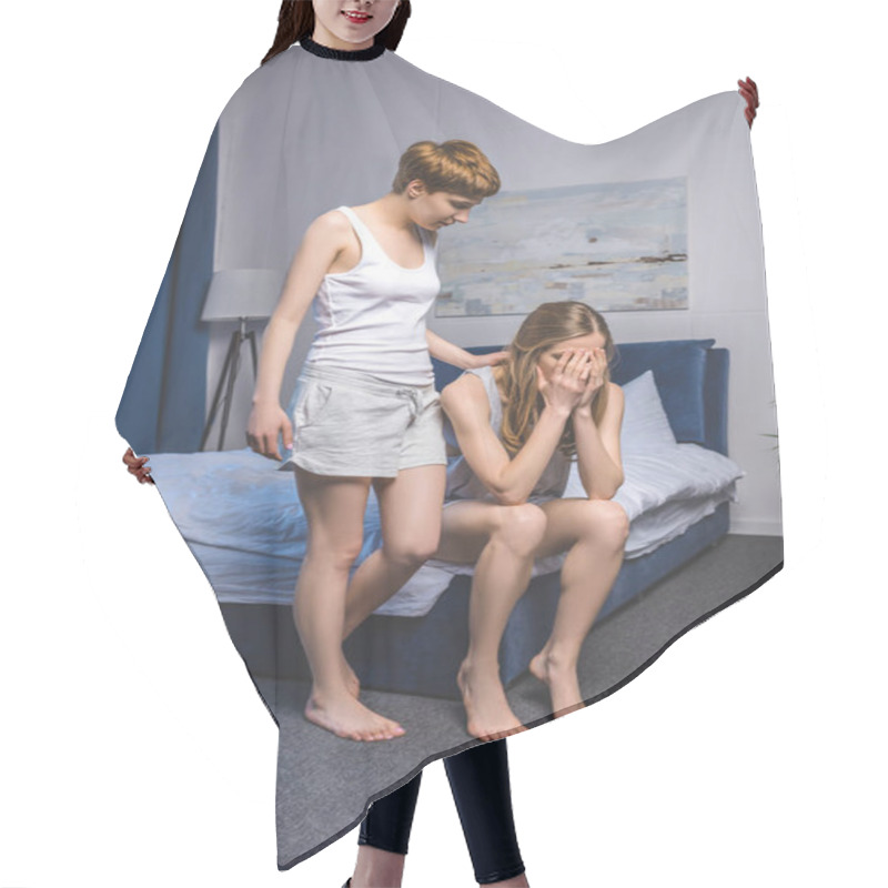 Personality  Young Lesbian Woman Trying To Calm Down Her Girlfriend After Argument Hair Cutting Cape