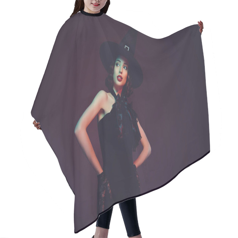 Personality  Photo Of Evil Adorable Mystic Lady Wear Black Dress Gothic Headwear Look Empty Space Isolated Dark Red Color Background Hair Cutting Cape