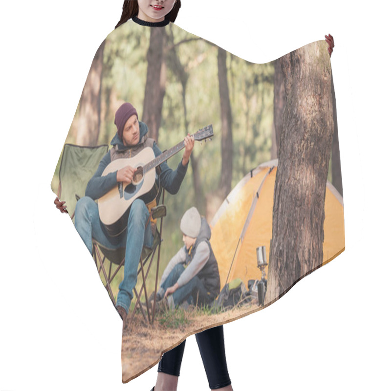 Personality  Father And Son With Guitar In Forest Hair Cutting Cape