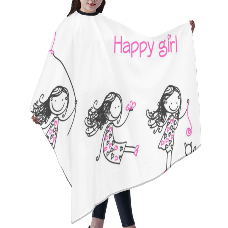 Personality  Happy Girl. Vector Illustration. Hair Cutting Cape