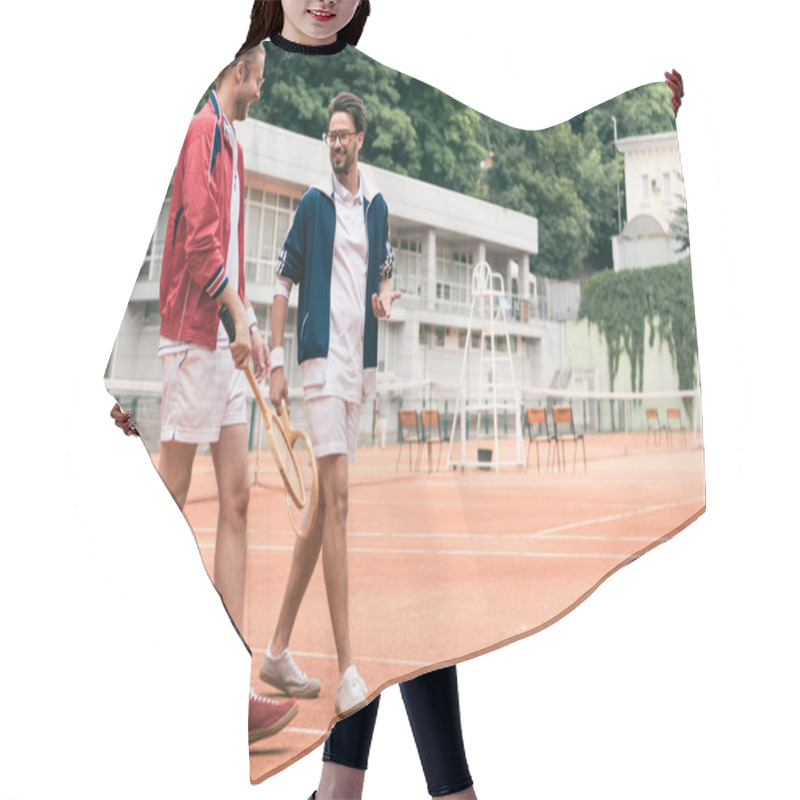 Personality  Athletic Retro Styled Friends With Wooden Rackets Talking And Walking On Tennis Court Hair Cutting Cape