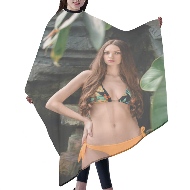 Personality  Beautiful Slim Girl In Bikini Posing In Tropical Garden Hair Cutting Cape