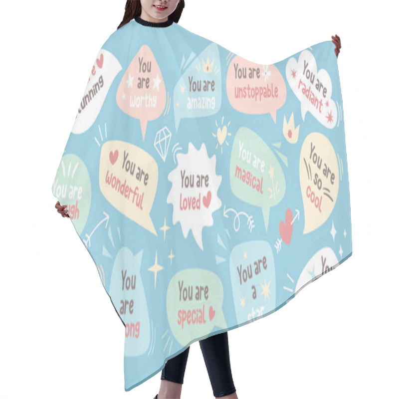 Personality  Set Of Speech Bubbles With Positive Affirmations And Self Love Quotes, Cute Hand-drawn Style Hair Cutting Cape