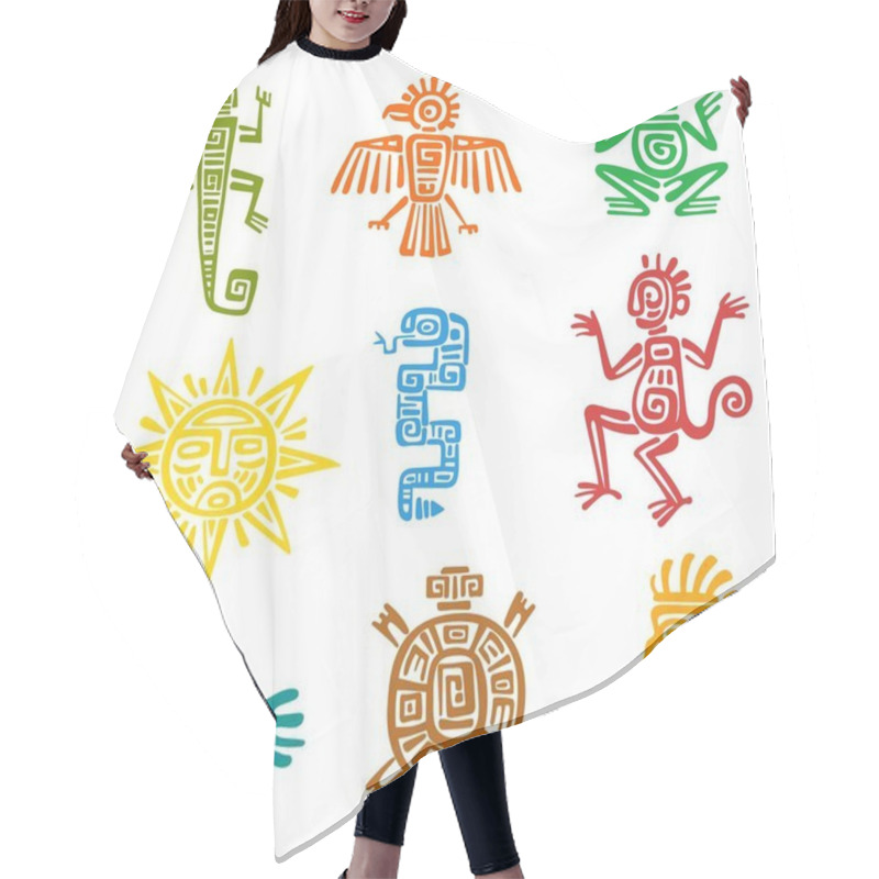 Personality  Mayan Aztec Totem With Isolated Vector Symbols Of Animals And Birds. Ancient Mexican Tribal Eagle, Snake, Turtle And Lizard, Aztec God, Pyramid, Sun And Monkey, Fish, Frog, Raven With Ethnic Pattern Hair Cutting Cape