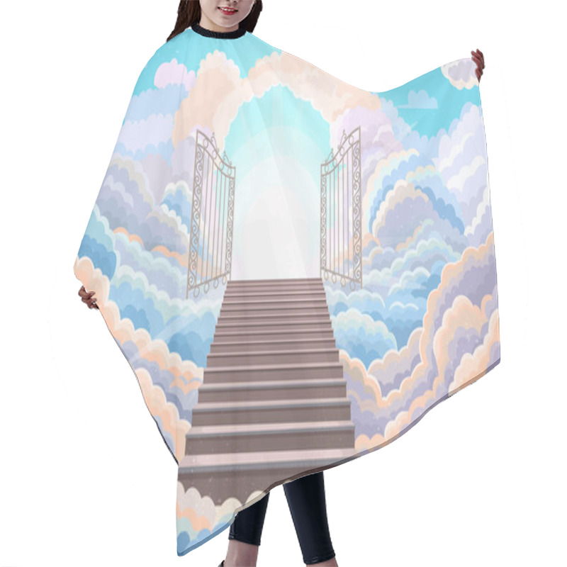 Personality  Entrance To Paradise, Open Gate. Staircase Leading To To The Wrought Iron Gates.background With Fluffy Clouds. Stairs Up. Vector Cartoon Illustration. Hair Cutting Cape