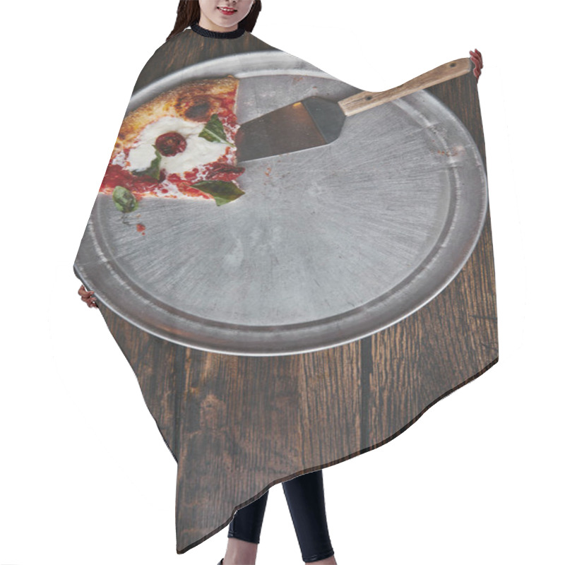 Personality  Top View Of Slice Of Pizza With Server On Metal Tray And Wooden Table Hair Cutting Cape