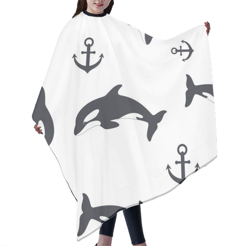 Personality  Vector Graphic Seamless Pattern With Black Whales And Anchors On A White Background Hair Cutting Cape