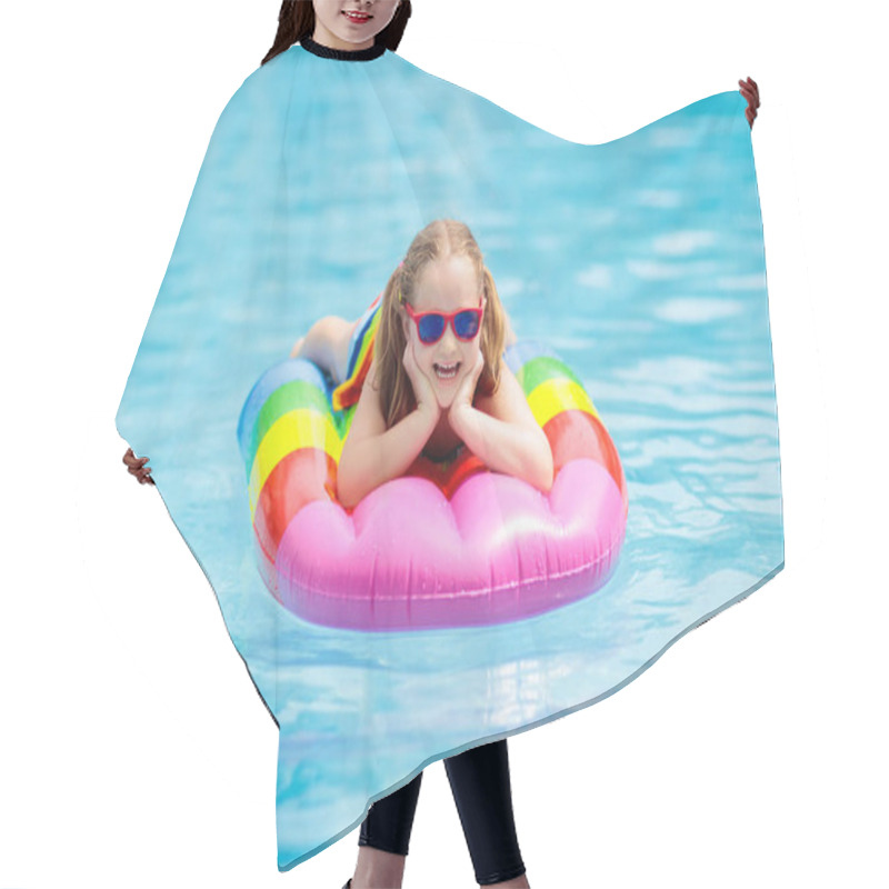 Personality  Child On Inflatable Float In Swimming Pool.  Hair Cutting Cape