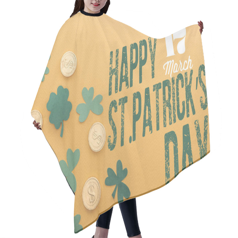 Personality  Top View Of Golden Coins With Dollar Signs Near Green Shamrocks And Happy St Patricks Day Lettering On Orange Background Hair Cutting Cape