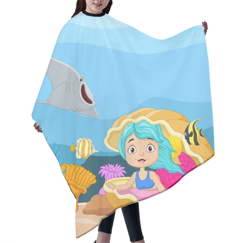 Personality  Vector Illustration Of Cartoon Little Mermaid In The Underwater World With Open Pearl Shell And Tropical Fish Hair Cutting Cape