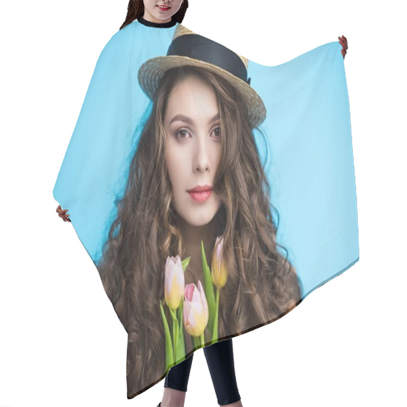 Personality  Attractive Young Woman With Long Curly Hair In Canotier Hat Holding Beautiful Tulips Hair Cutting Cape