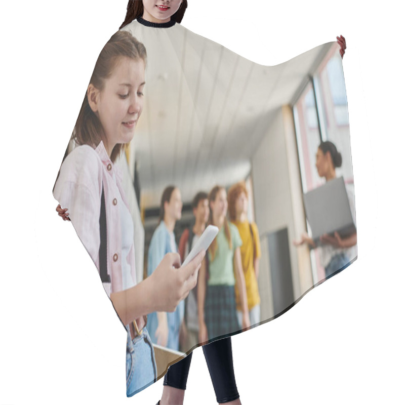 Personality  Happy Girl Using Smartphone, Chatting And Standing In School Hallway, Diversity, Teacher, Kids, Blur Hair Cutting Cape