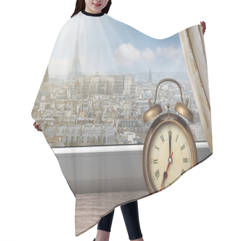 Personality  View Of Paris And Eiffel Tower From Window With Alarm Clock Hair Cutting Cape