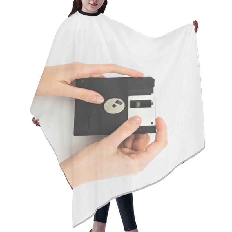 Personality  Partial View Of Man Holding Diskette On White Background Hair Cutting Cape