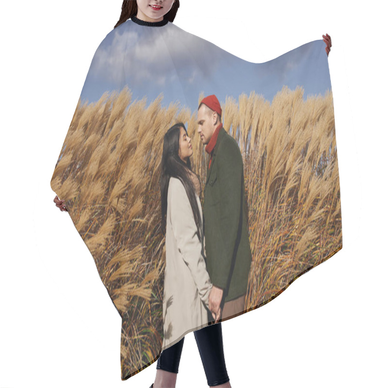 Personality  A Loving Couple Stands Close, Wearing Warm Autumn Outfits, Surrounded By Tall Golden Grasses. Hair Cutting Cape