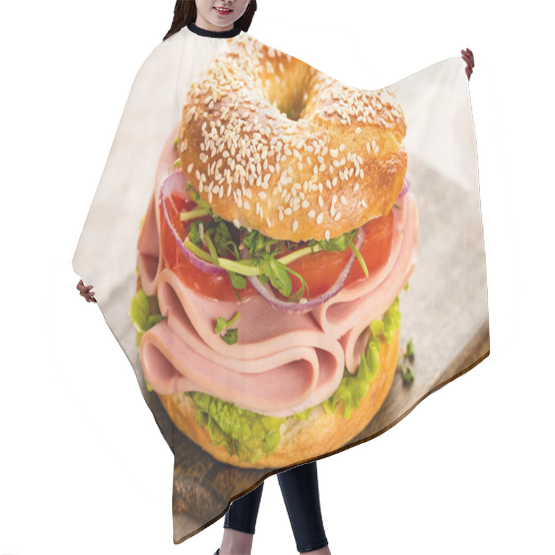 Personality  Fresh Delicious Bagel With Sausage On Wooden Cutting Board On Textured Surface Hair Cutting Cape