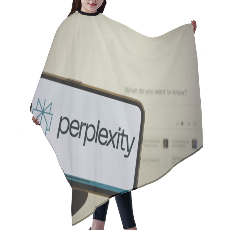 Personality  Roosendaal, The Netherlands - February 2, 2025: A Mobile Phone Screen Displaying The Logo Of Perplexity AI, A Conversational AI Search Engine, With The Company Website In The Background. Hair Cutting Cape