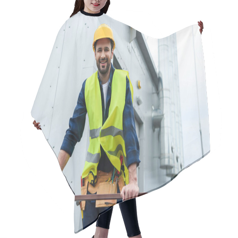 Personality  Male Smiling Engineer In Safety Vest And Helmet With Tool Belt On Construction Hair Cutting Cape