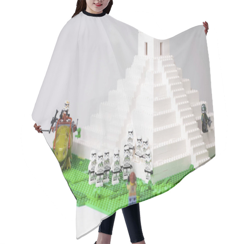 Personality  RUSSIA, April 05, 2019. Constructor Lego Classic Homemade Travel Hair Cutting Cape