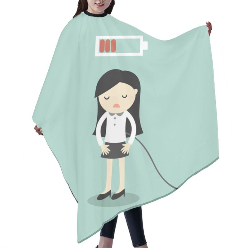 Personality  Business Concept, Business Woman Feeling Tired And Low Battery. Vector Illustration. Hair Cutting Cape