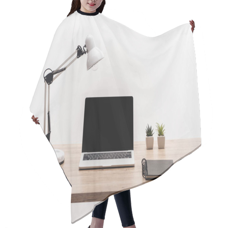 Personality  Modern Workplace With Laptop With Blank Screen, Plants, Lamp And Notebook Isolated On White Hair Cutting Cape