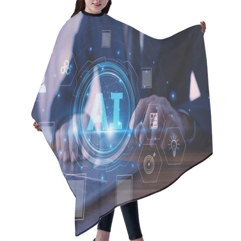 Personality  Businessman Interacting With An AI-powered Interface, Symbolizing The Use Of Artificial Intelligence For Data-driven Decision-making, Advanced Analytics, And Technological Innovation Modern Business. Hair Cutting Cape