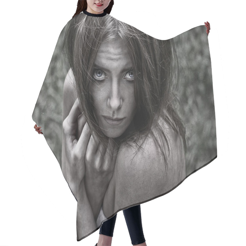 Personality  Nightmare And Halloween Theme: Portrait Of Scary Girl Witch In The Woods Hair Cutting Cape