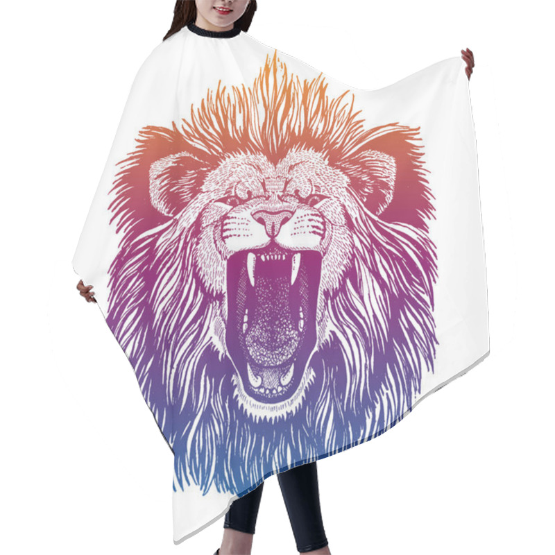 Personality  Hipster Lion Vector Illustration. Mascot. Portrait Of Wild Animal For Logo, Emblem. Hair Cutting Cape