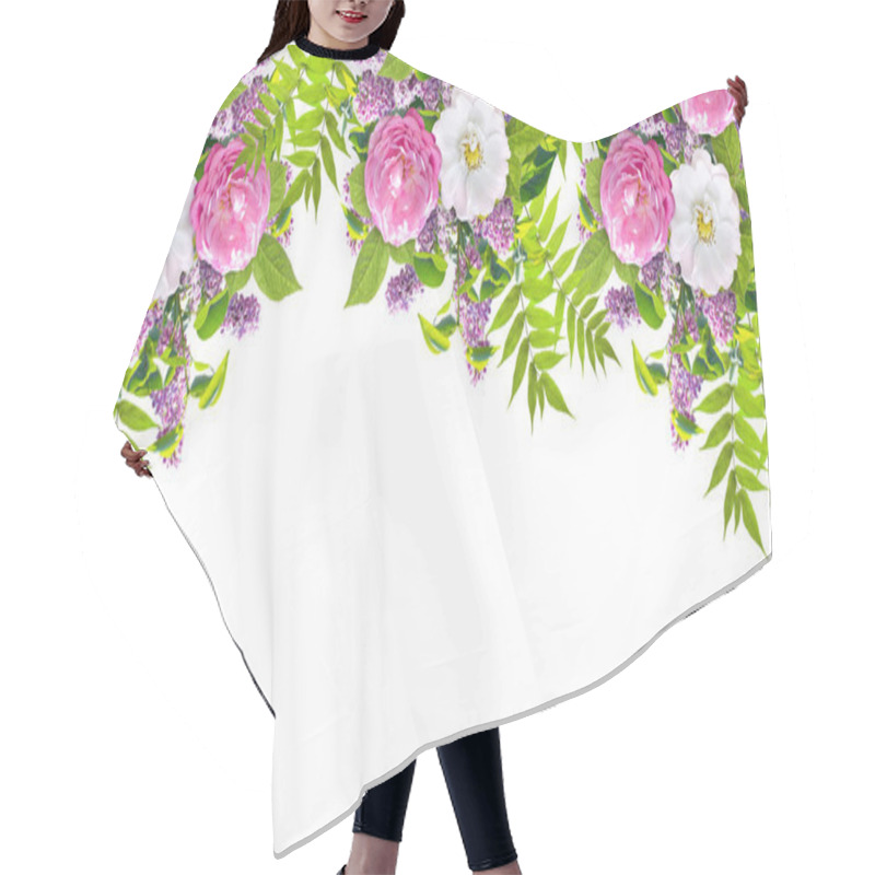 Personality  Beautiful Floral Garland Consists Of Lilacs Flowers, Dog Roses (briar) And Green Leaves Isolated On White Background Hair Cutting Cape