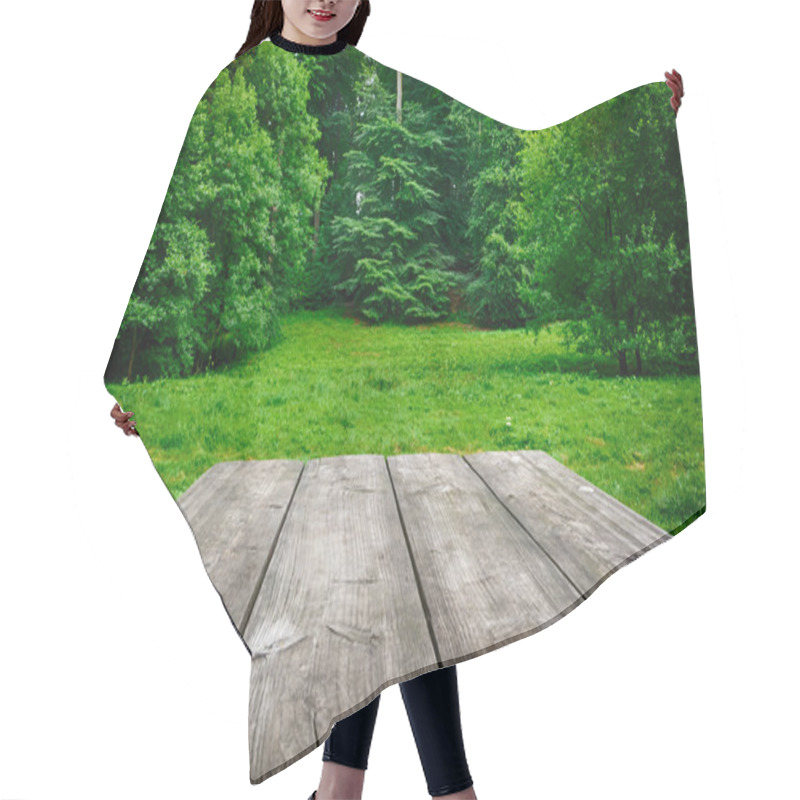 Personality  Wooden Table With Green Nature Background Hair Cutting Cape