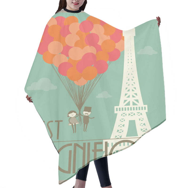 Personality  Couple Flying Holding Balloons In Paris Hair Cutting Cape