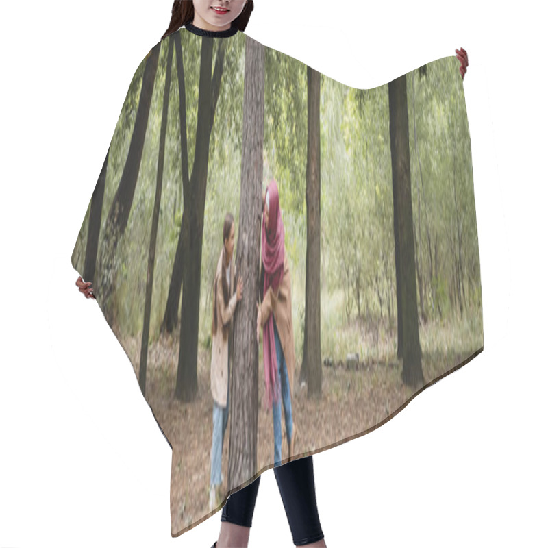 Personality  Smiling Arabian Girl Playing With Mother Near Tree In Park, Banner  Hair Cutting Cape