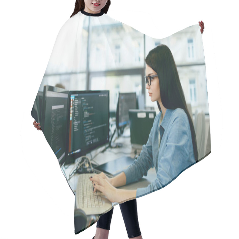 Personality  Young Woman Working And Programming On Computer In Office. Hair Cutting Cape