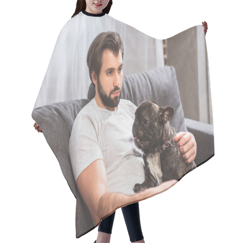 Personality  Loner Watching Tv With With Bulldog On Sofa In Living Room  Hair Cutting Cape