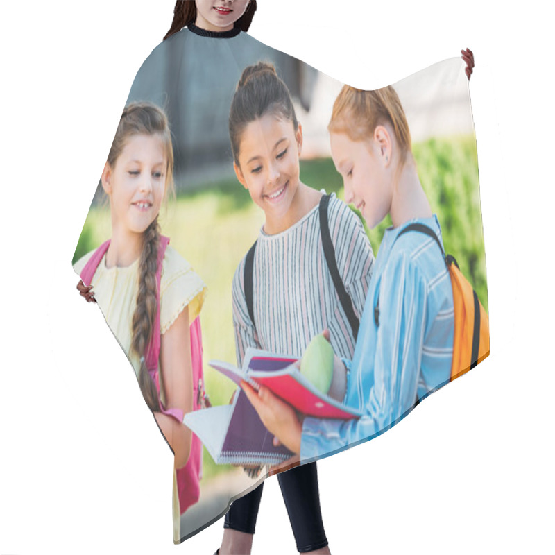 Personality  Group Of Happy Schoolgirls With Notebooks Walking Together After School Hair Cutting Cape