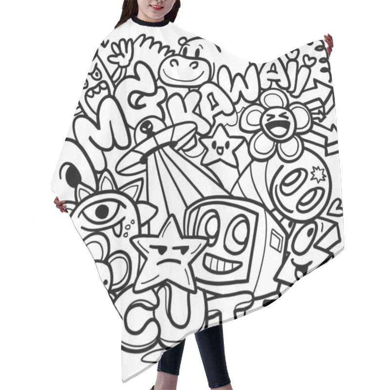 Personality  Cute And Playful Doodles Featuring Various Characters And Objects, Including Flowers, Stars, And TV, All Expressing Fun And Whimsical Vibe. Hair Cutting Cape