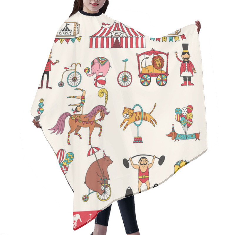 Personality  Set Of Hand-drawn Icons On A Circus Theme. Hair Cutting Cape