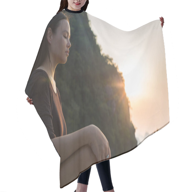 Personality  Woman Relaxing And Meditating In Nature, During Sunset. Peaceful Zen. Hair Cutting Cape