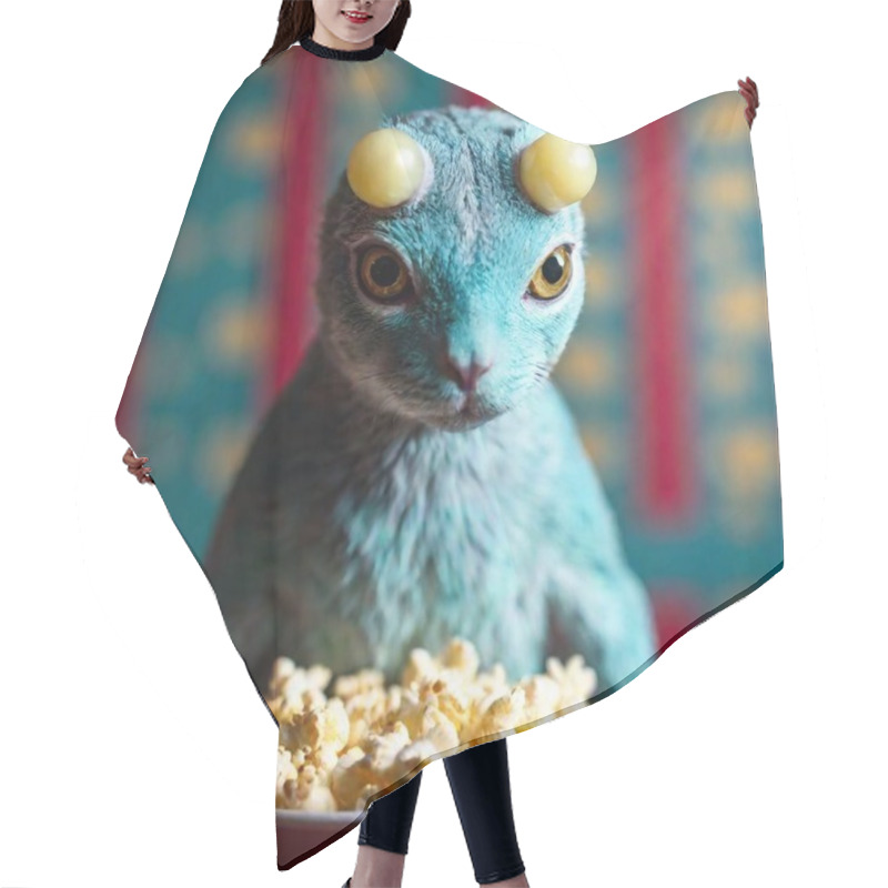 Personality  Macro Shot Of Blue Hairy Alien Animal With Popcorn Hair Cutting Cape