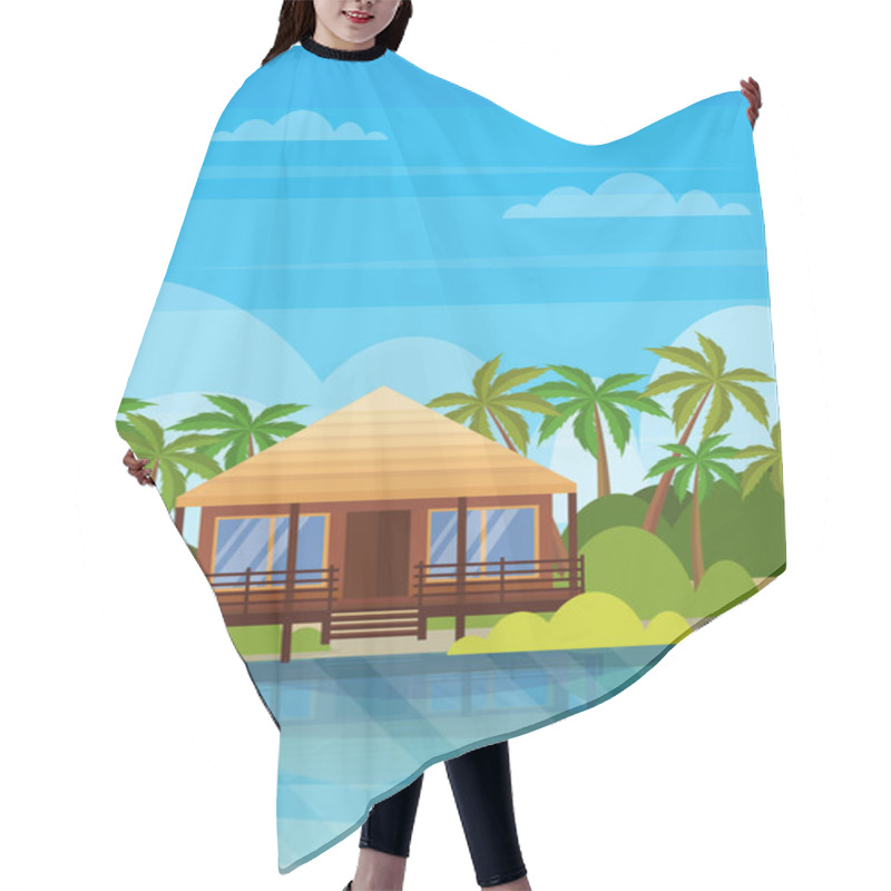 Personality  Tropical Island Villa Bungalow Hotel On Beach Seaside Green Palms Landscape Summer Vacation Concept Flat Vertical Hair Cutting Cape