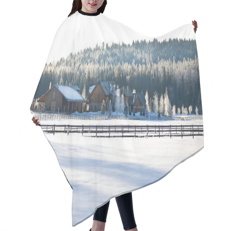 Personality  Country Homestead With White Frozen Trees In Winter On A Cold Morning In Montana, USA Hair Cutting Cape