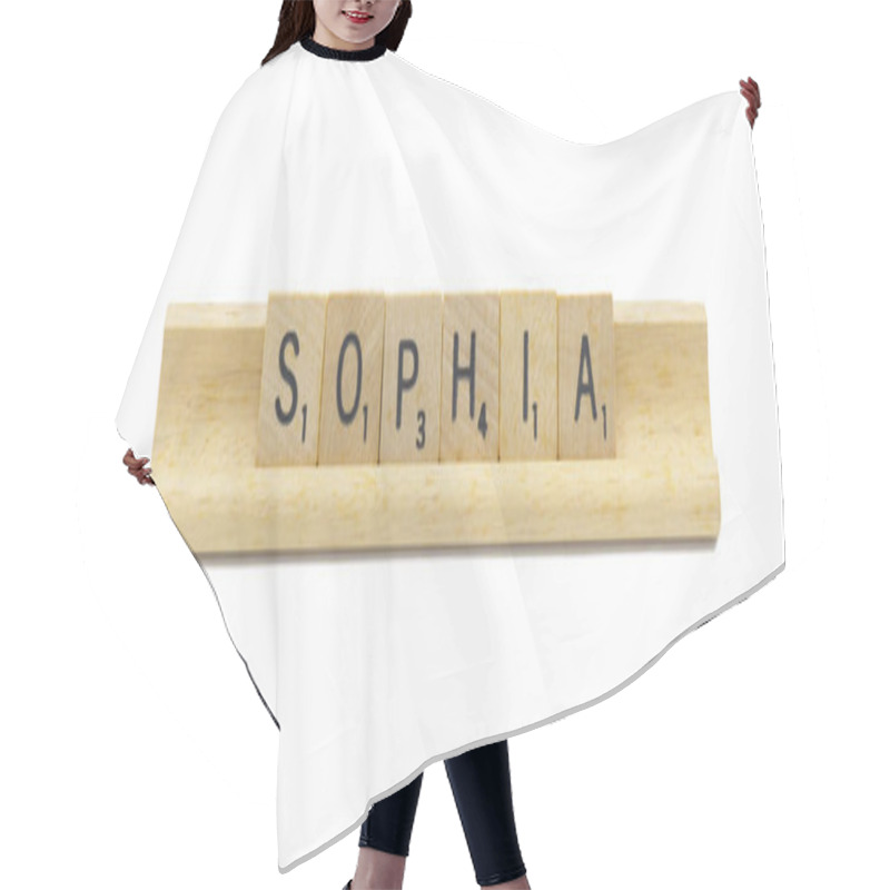 Personality  Miami, FL 4-18-24 Popular Baby Girl First Name Of SOPHIA Made With Square Wooden Tile English Alphabet Letters With Natural Color And Grain On A Wood Rack Holder Isolated On White Background Hair Cutting Cape