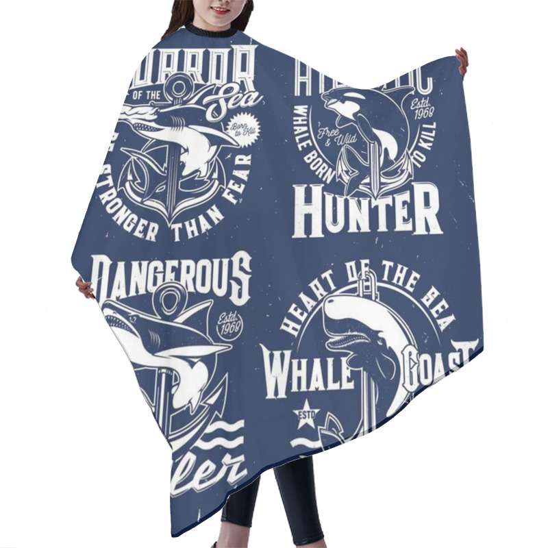 Personality  Nautical T-shirt Prints, Anchor And Marine Sea Waves Vector Emblems. Shark And Killer Whale Ocean Fish Blue Signs With Slogans And Quotes, Atlantic Fishers And Hunters Club Grunge Badges Hair Cutting Cape